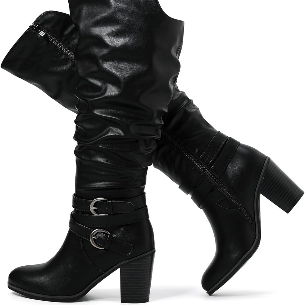 Women's Wide Calf Knee High Boots, Wide Width Slouchy Boots Chunky Pump Heel